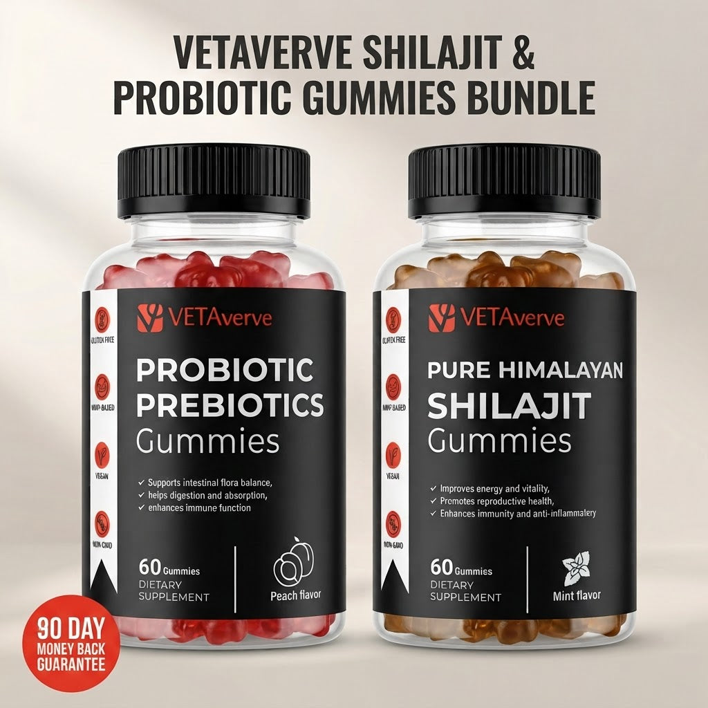 VETAverve Shilajit and Probiotic gummies bundle, two bottles side by side